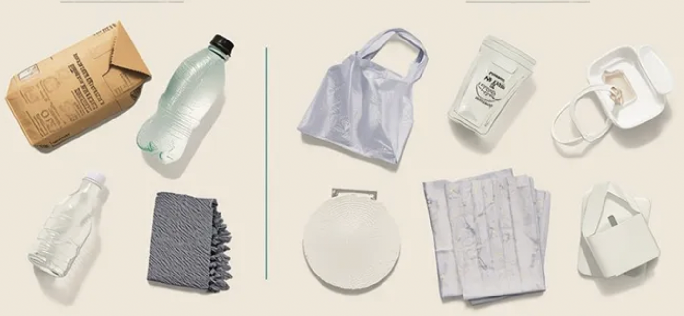 Side-by-side comparison of compostable packaging materials (left) and recyclable packaging materials (right)