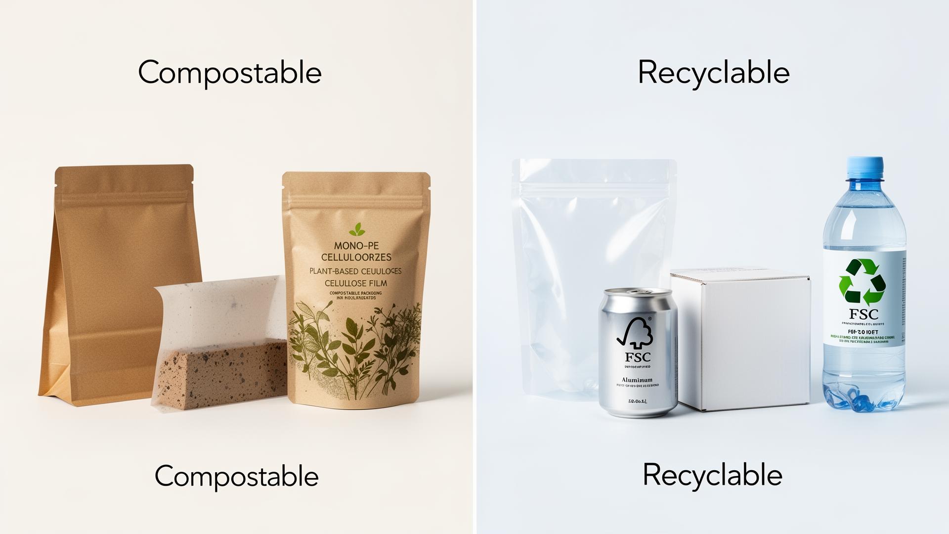 Side-by-side comparison of compostable packaging materials (left) and recyclable packaging materials (right)